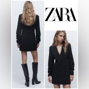 NWT Zara Black V-Neck Mini Long Sleeve Dress | US Size Large